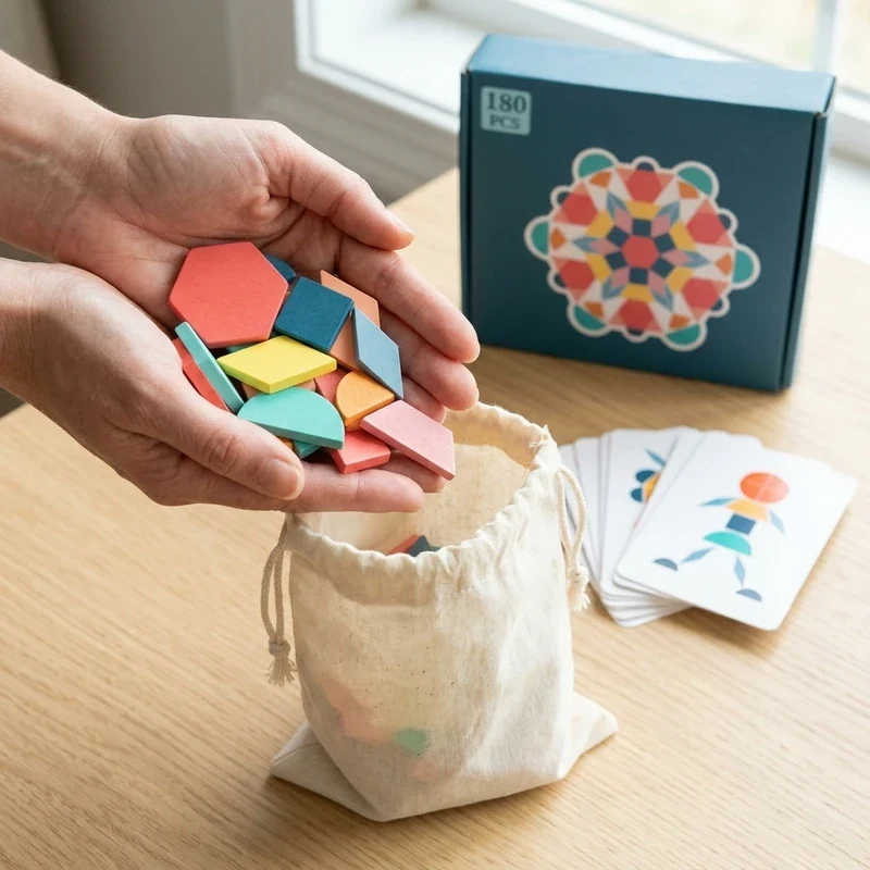 Tangram Montessori en Bois 180 Pièces avec 24 Cartes Modèles