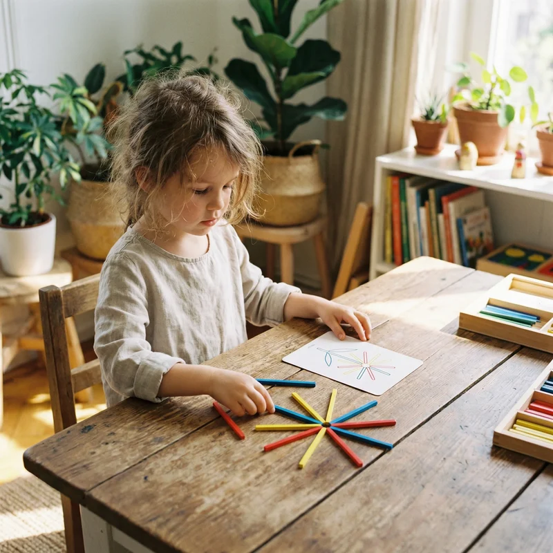 Bâtonnets Créatifs Montessori - Jeu de Construction en Bois avec 40 Modèles à Reproduire (120 Pièces)
