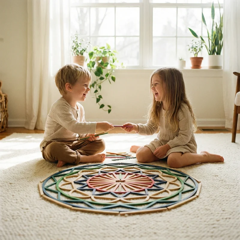 Bâtonnets Créatifs Montessori - Jeu de Construction en Bois avec 40 Modèles à Reproduire (120 Pièces)