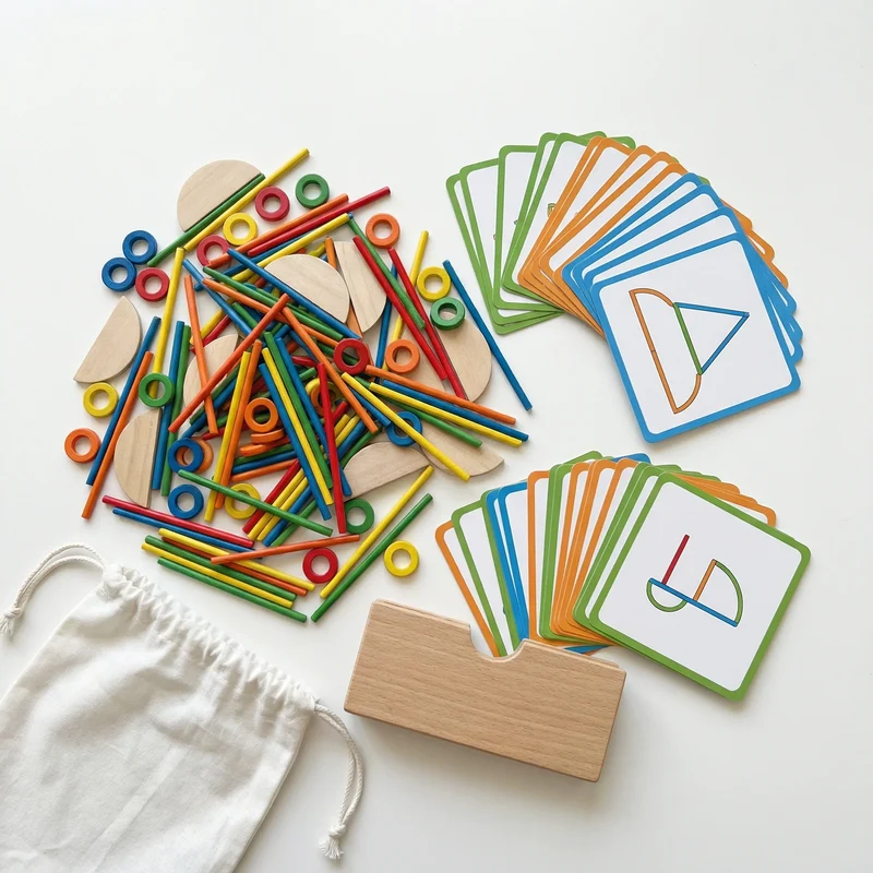 Bâtonnets Créatifs Montessori - Jeu de Construction en Bois avec 40 Modèles à Reproduire (120 Pièces)