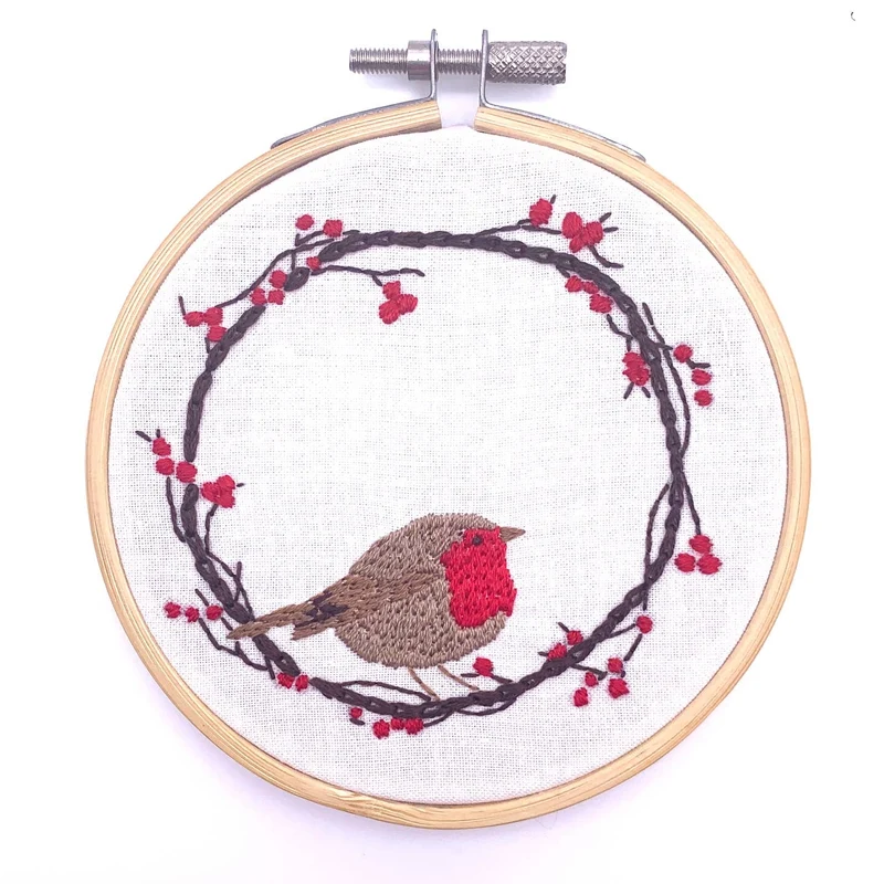 Mini Kit de Broderie – Robin Wreath (Rouge-gorge) avec Cerceau Inclus
