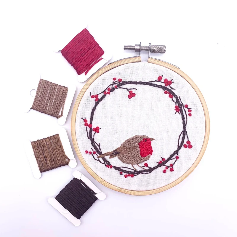 Mini Kit de Broderie – Robin Wreath (Rouge-gorge) avec Cerceau Inclus