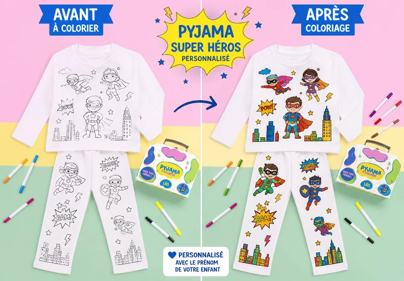Pyjama à colorier Super Héros – Garçon | Coffret créatif JOY! avec feutres lavables