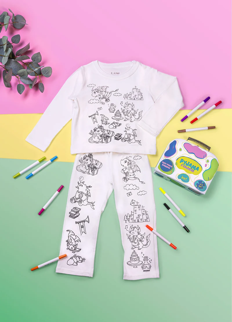 Pyjama à colorier Dinosaure Rigolo – Garçon | Coffret créatif JOY! avec feutres lavables
