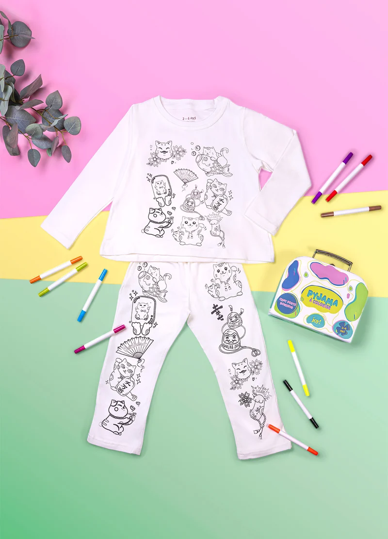 Pyjama à colorier Chat Porte-Bonheur – Mixte | Coffret créatif JOY! avec feutres lavables