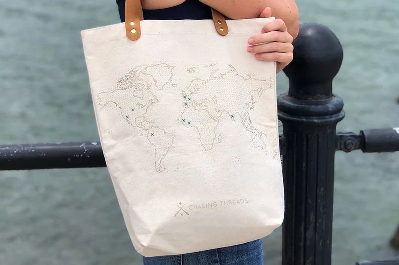 Sac fourre-tout Stitch Your Travels - Toile naturelle avec poignées en cuir Beige