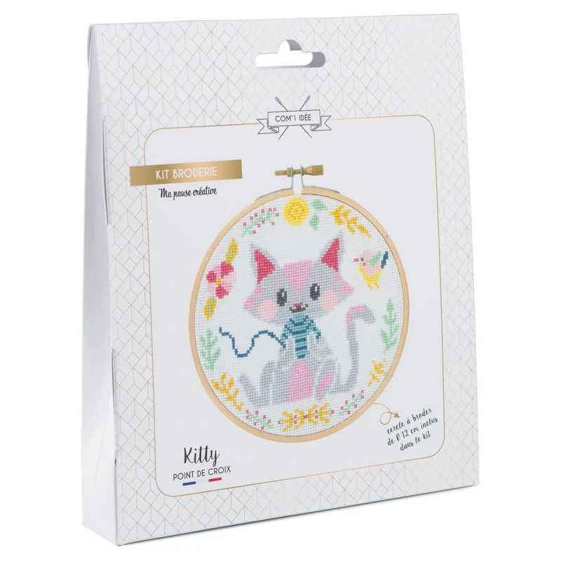 Kit Point de Croix “Kitty” – Kit Broderie Débutant avec Tambour Bois