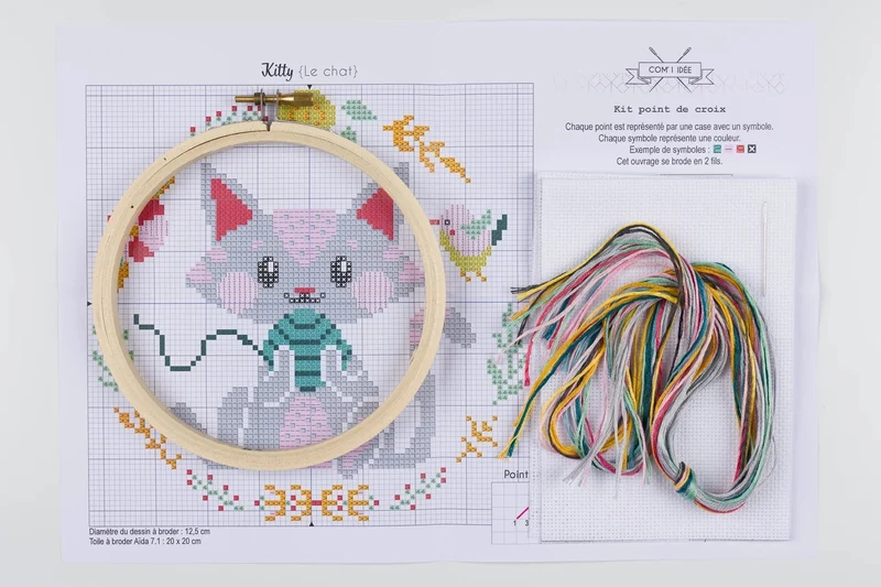Kit Point de Croix “Kitty” – Kit Broderie Débutant avec Tambour Bois