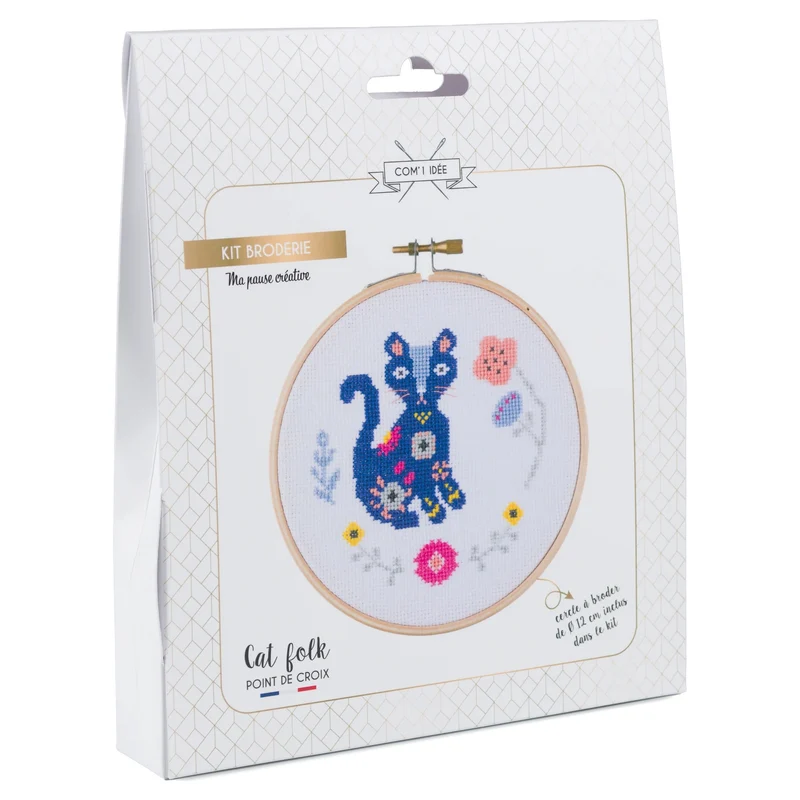 Kit Point de Croix “Cat Folk” – Kit Broderie Débutant Style Folk & Chat