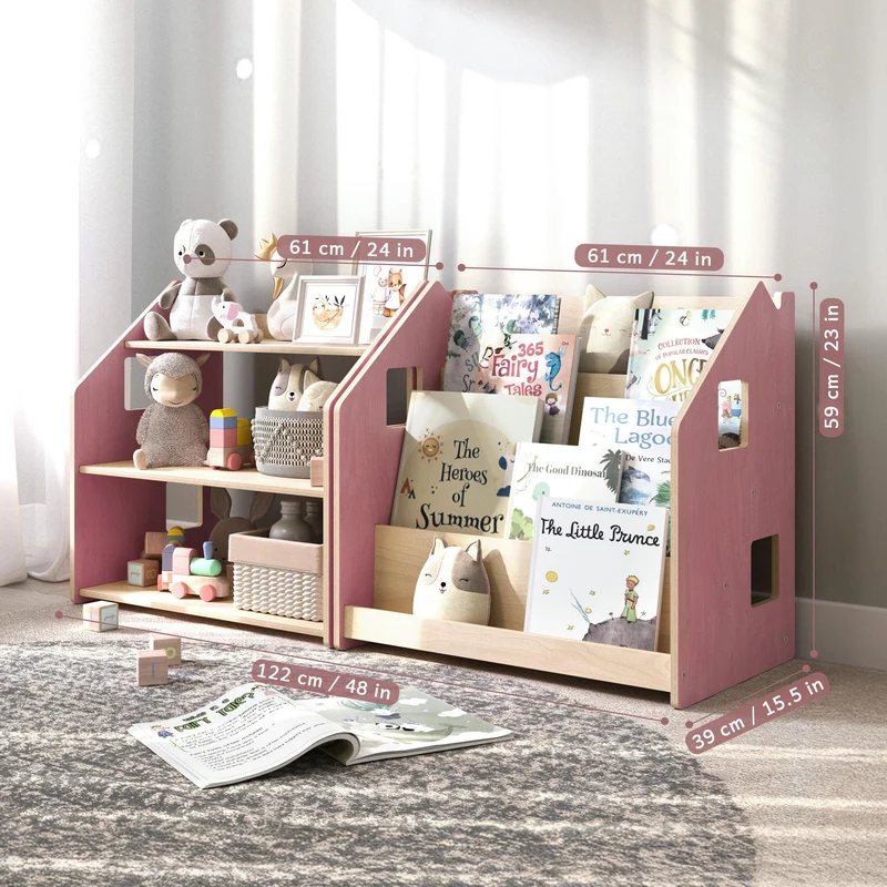 Ensemble - Bibliothèque enfant + Étagère à jouets - Couleur bleu clair / rose