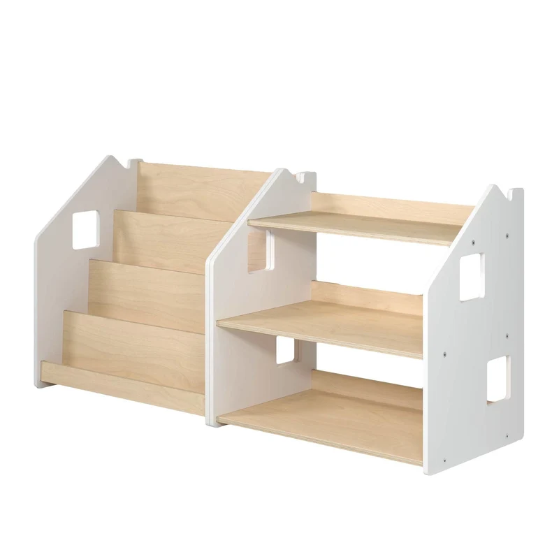 Ensemble - Bibliothèque enfant + Étagère à jouets - Blanc et Gris