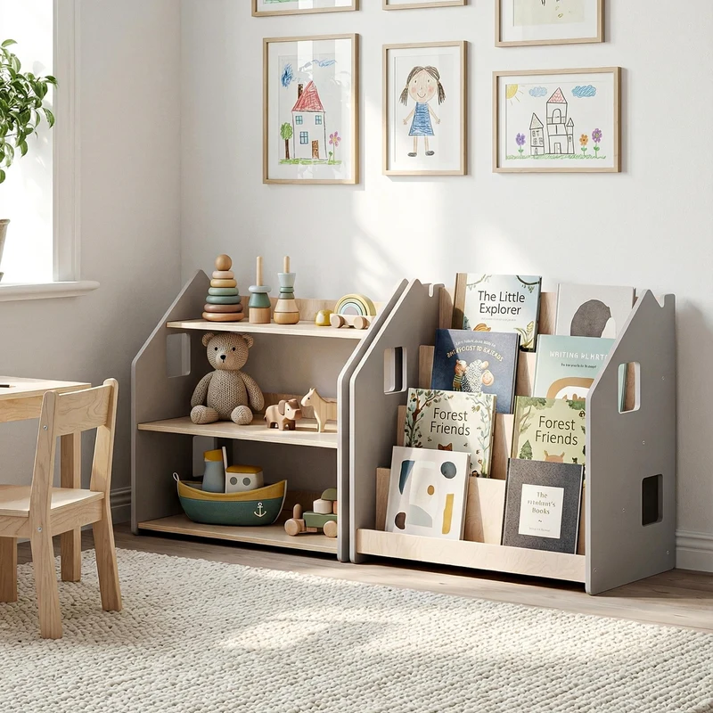 Ensemble - Bibliothèque enfant + Étagère à jouets - Blanc et Gris