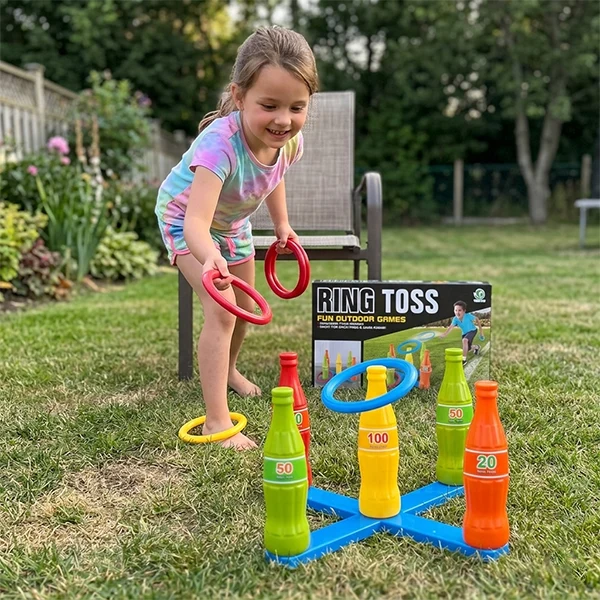 Jeu de lancer d'anneaux avec des bouteilles colorées