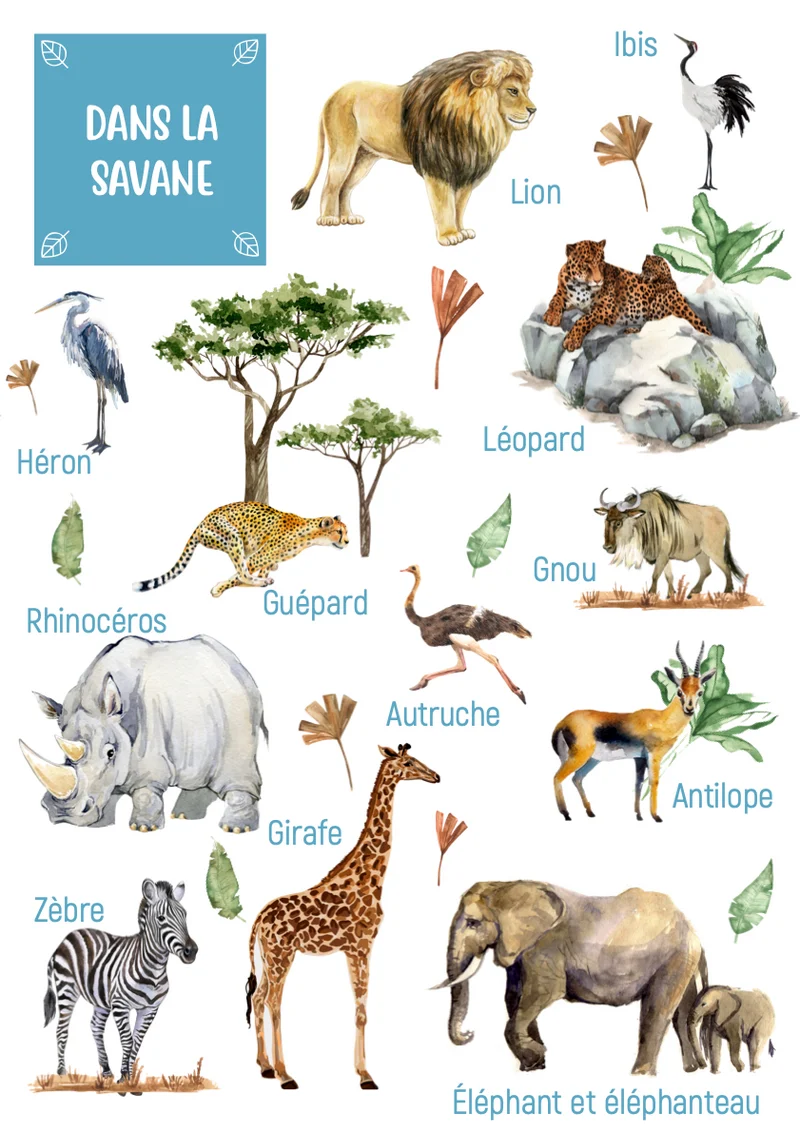 Posters des animaux de la savane
