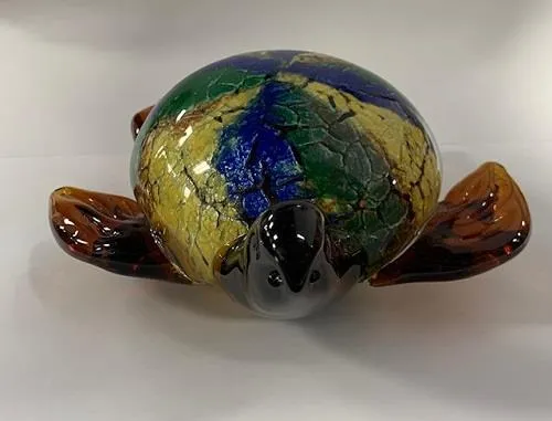 Glass Brown Turtle With Green Blue Yellow Shell / Tortue brune en verre à la carapace verte, bleue et jaune