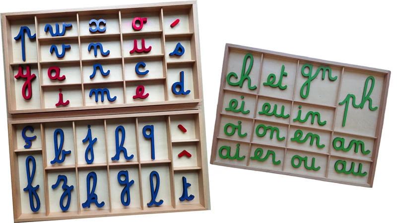 Pack MONTESSORI - lettres et digrammes Mobiles Cursifs Montessori et boîtes rangement
