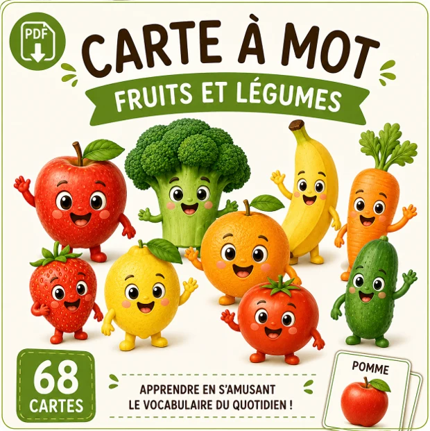 Cartes à mots fruits et légumes - 68 cartes