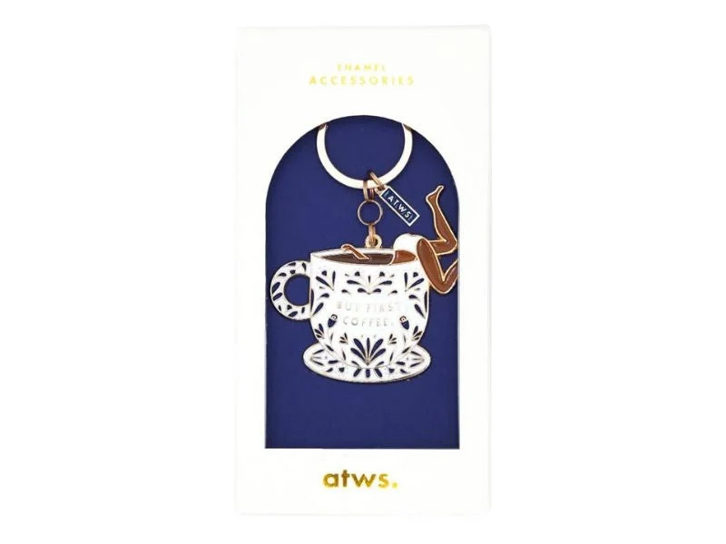 Porte-clés But First Coffee en émail doré – idée cadeau coffee lover