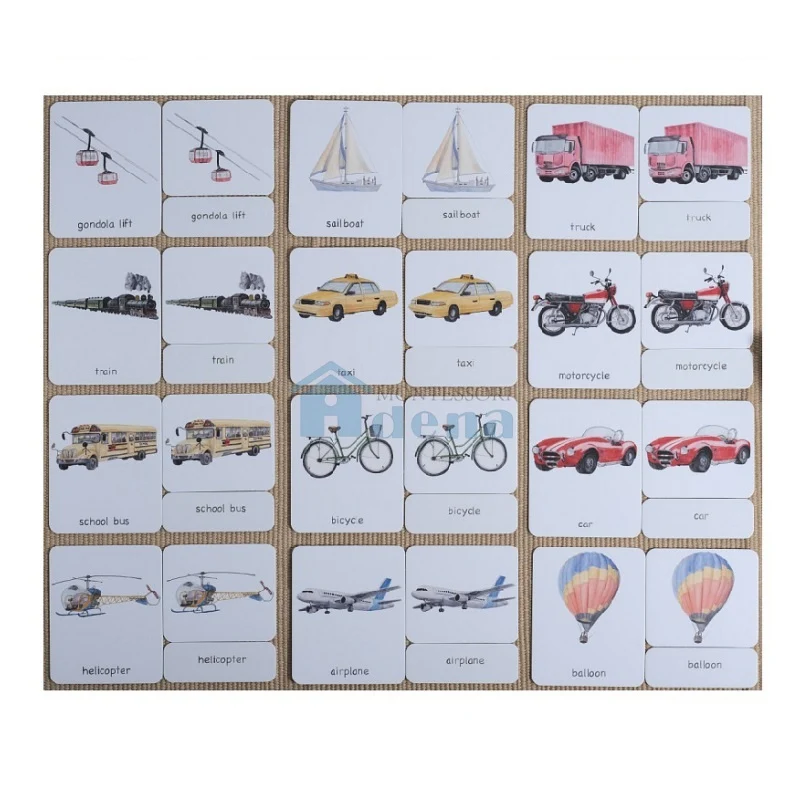 Adena Montessori Materials Transportation 3-Part Cards English with Stand