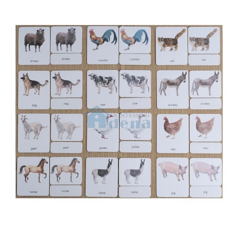 Adena Montessori Materials Farm Animals 3-Part Cards English with Stand
