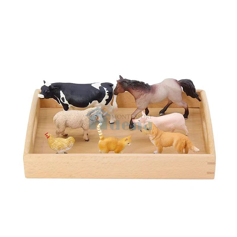 Adena Montessori Materials Replicas Objects -Farm Animals with Wooden Tray