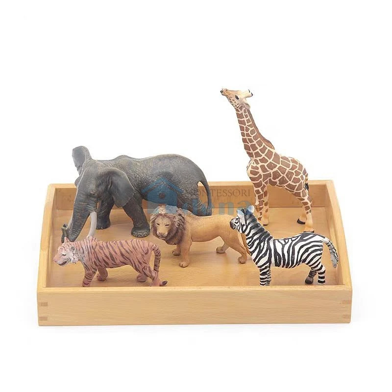 Adena Montessori Educational Materials Replicas Objects -Wild Animals with wooden tray