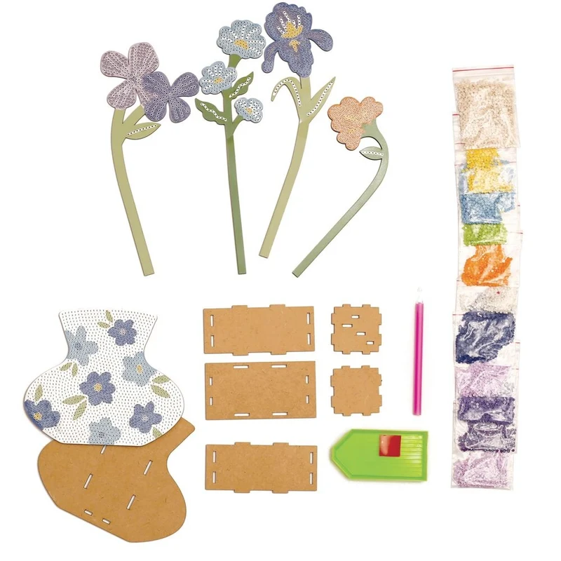 Kit Vase et Fleurs à Strasser Bleu – Diamond Painting Déco DIY