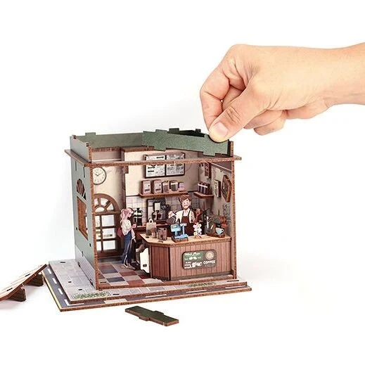 Maquette 3D Bois Vitrine Coffee Shop – Café Miniature Lumineux DIY