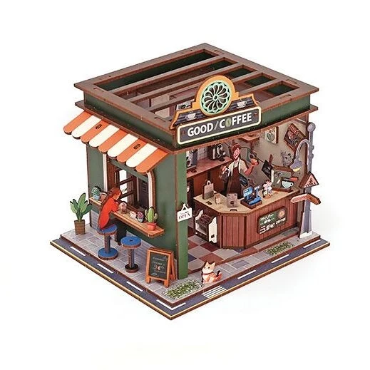 Maquette 3D Bois Vitrine Coffee Shop – Café Miniature Lumineux DIY
