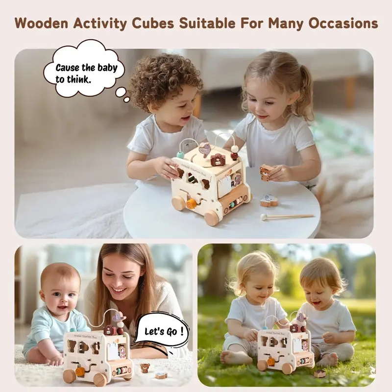 Bus Montessori en Bois Multi-Activités – Jouet Sensoriel & Puzzle Éducatif