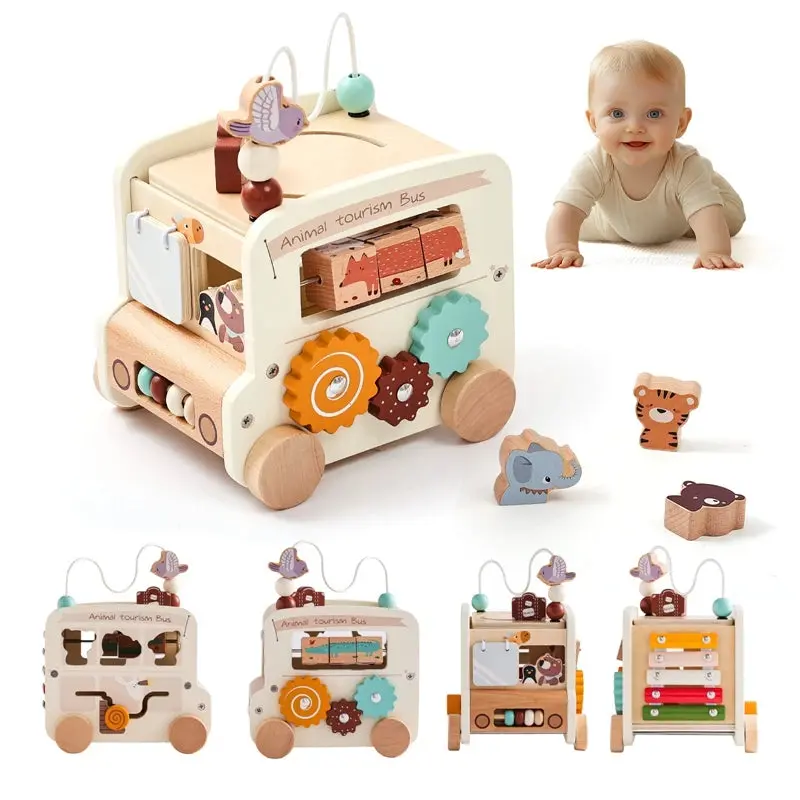 Bus Montessori en Bois Multi-Activités – Jouet Sensoriel & Puzzle Éducatif