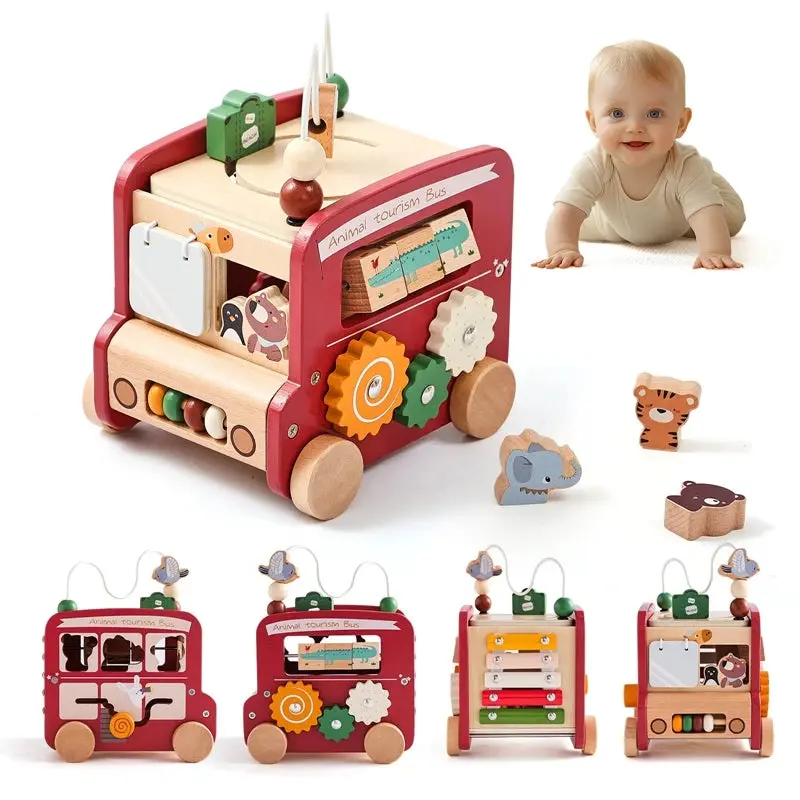 Bus Montessori en Bois Multi-Activités – Jouet Sensoriel & Puzzle Éducatif