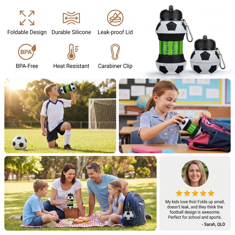 Gourde Pliable en Silicone Ballon de Foot – Compacte et Résistante