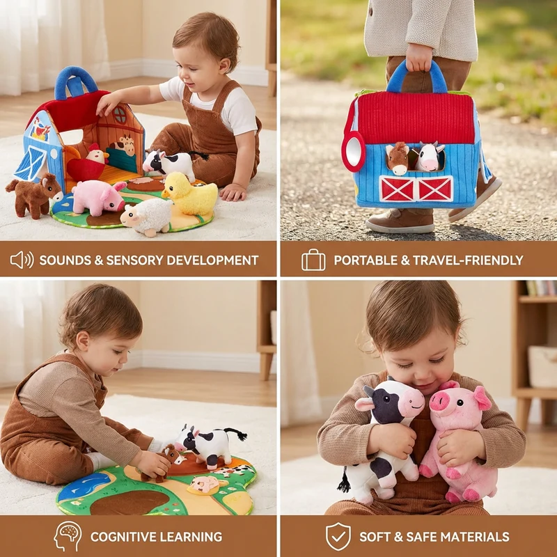 Ensemble de Peluches Animaux de la Ferme – Maison de Jeu Interactive et Portable