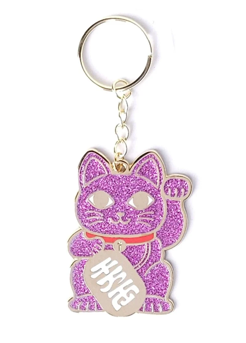 Porte-clés Maneki Neko rose pailleté – Chat porte-bonheur doré
