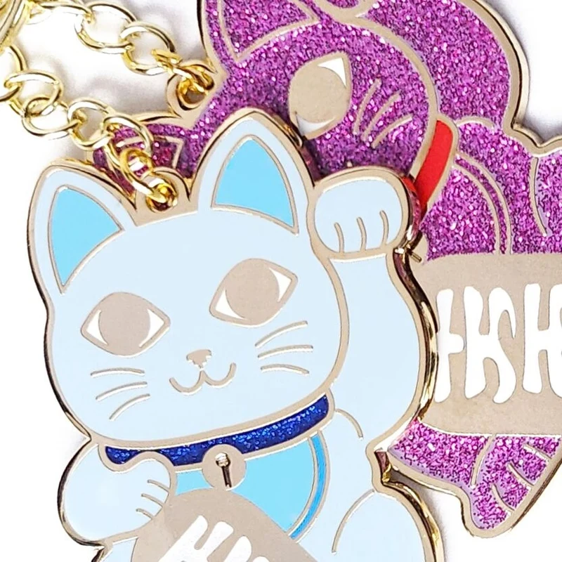 Porte-clés Maneki Neko rose pailleté – Chat porte-bonheur doré