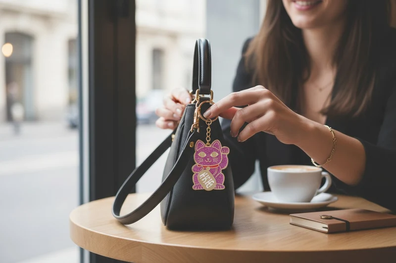 Porte-clés Maneki Neko rose pailleté – Chat porte-bonheur doré