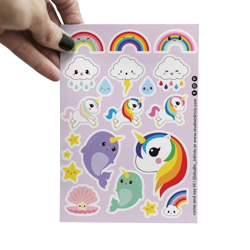 Planche de stickers Licorne & Narval arc-en-ciel – Autocollants kawaii A6