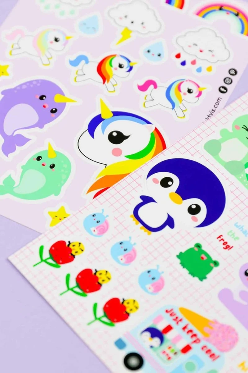 Planche de stickers Licorne & Narval arc-en-ciel – Autocollants kawaii A6