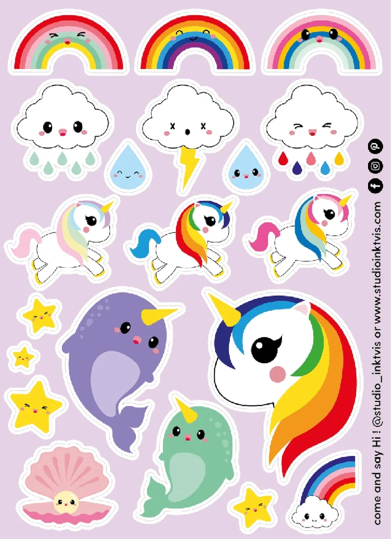 Planche de stickers Licorne & Narval arc-en-ciel – Autocollants kawaii A6
