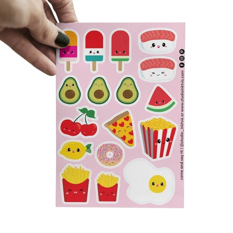 Planche de stickers Sushi, fruits & fast-food kawaii – Autocollants A6 (20 stickers)