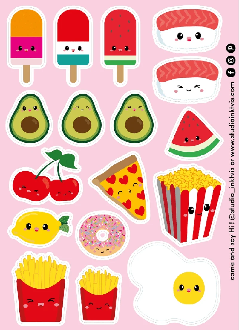 Planche de stickers Sushi, fruits & fast-food kawaii – Autocollants A6 (20 stickers)