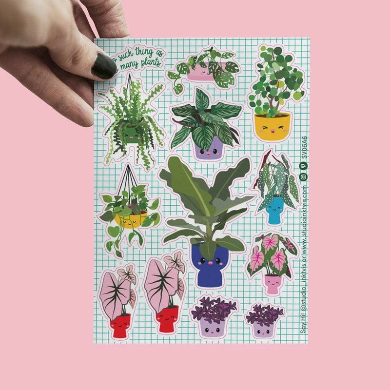 Planche de stickers plantes kawaii – Pink Princess, Monstera & Pilea A6