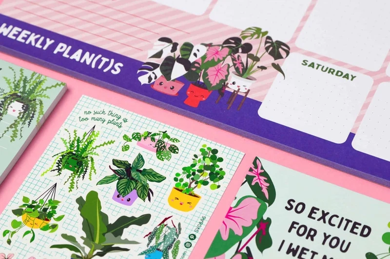Planche de stickers plantes kawaii – Pink Princess, Monstera & Pilea A6
