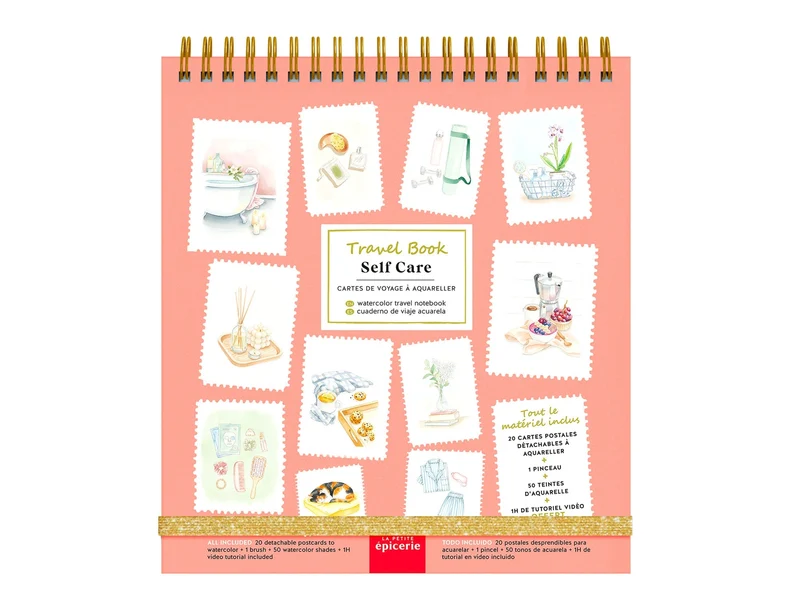 Travel Book Self-Care – Carnet aquarelle bien-être avec 20 cartes postales à peindre