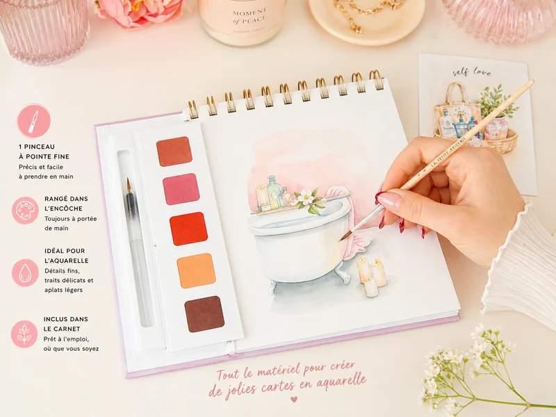 Travel Book Self-Care – Carnet aquarelle bien-être avec 20 cartes postales à peindre