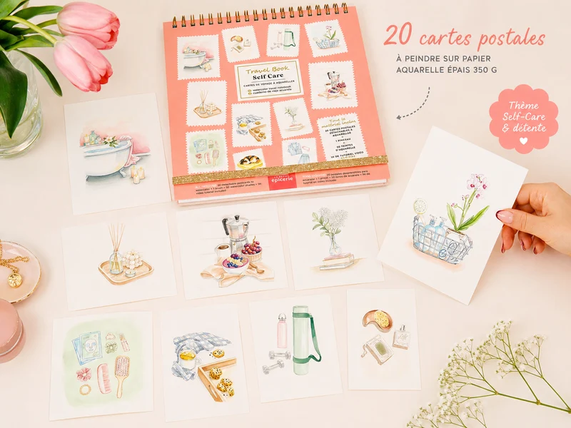 Travel Book Self-Care – Carnet aquarelle bien-être avec 20 cartes postales à peindre