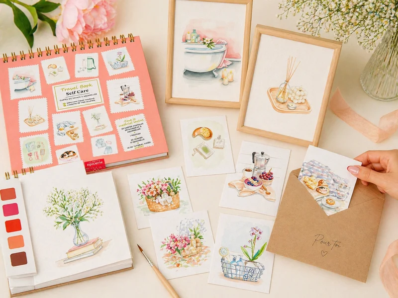 Travel Book Self-Care – Carnet aquarelle bien-être avec 20 cartes postales à peindre