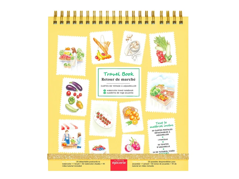 Travel Book Retour de Marché – Carnet aquarelle nomade avec 20 cartes postales à peindre