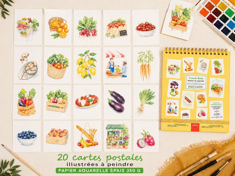 Travel Book Retour de Marché – Carnet aquarelle nomade avec 20 cartes postales à peindre